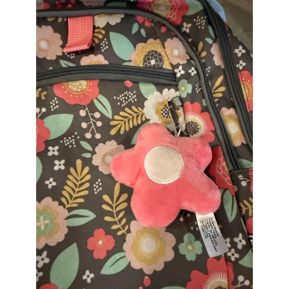 Crckt Kids Floral Backpack Gray Pink School Bag with Flower Keychain 16 inch